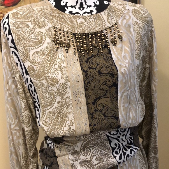 🤎Carole Little 2-Pc Damask Pleated Skirt & beaded neck tunic + infinity sash - Picture 3 of 16